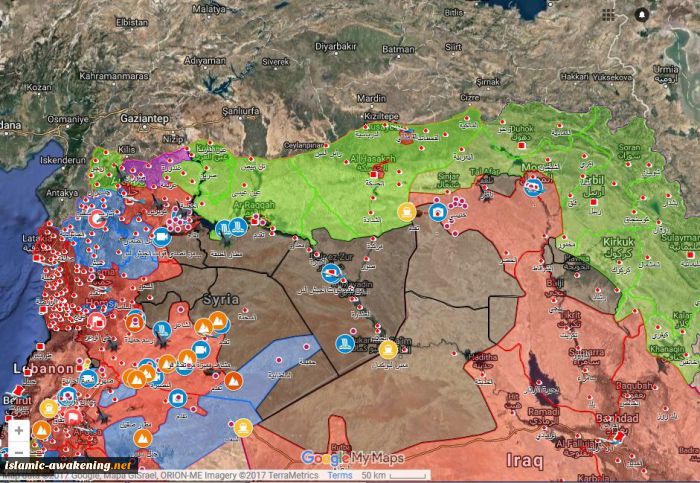 نقشه آخرین وضعیت تسلط میدانی طرف های درگیر در مرز سوریه و عراق