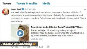 Zarif slams Palestinian nurse murder in a tweet