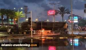 اغلاق شارع في مدينة حيفا المحتلة بعد انفجار شاحنة نقل صهريج غاز+صور